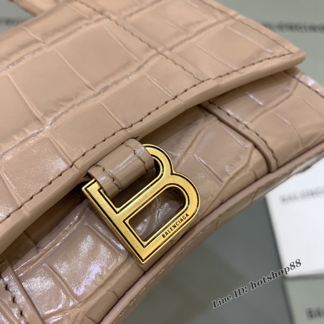 Balenciaga專櫃爆款mini Hourglass沙漏包 巴黎世家鱷魚紋裸粉色超迷你號手提肩背女包 fyj1546